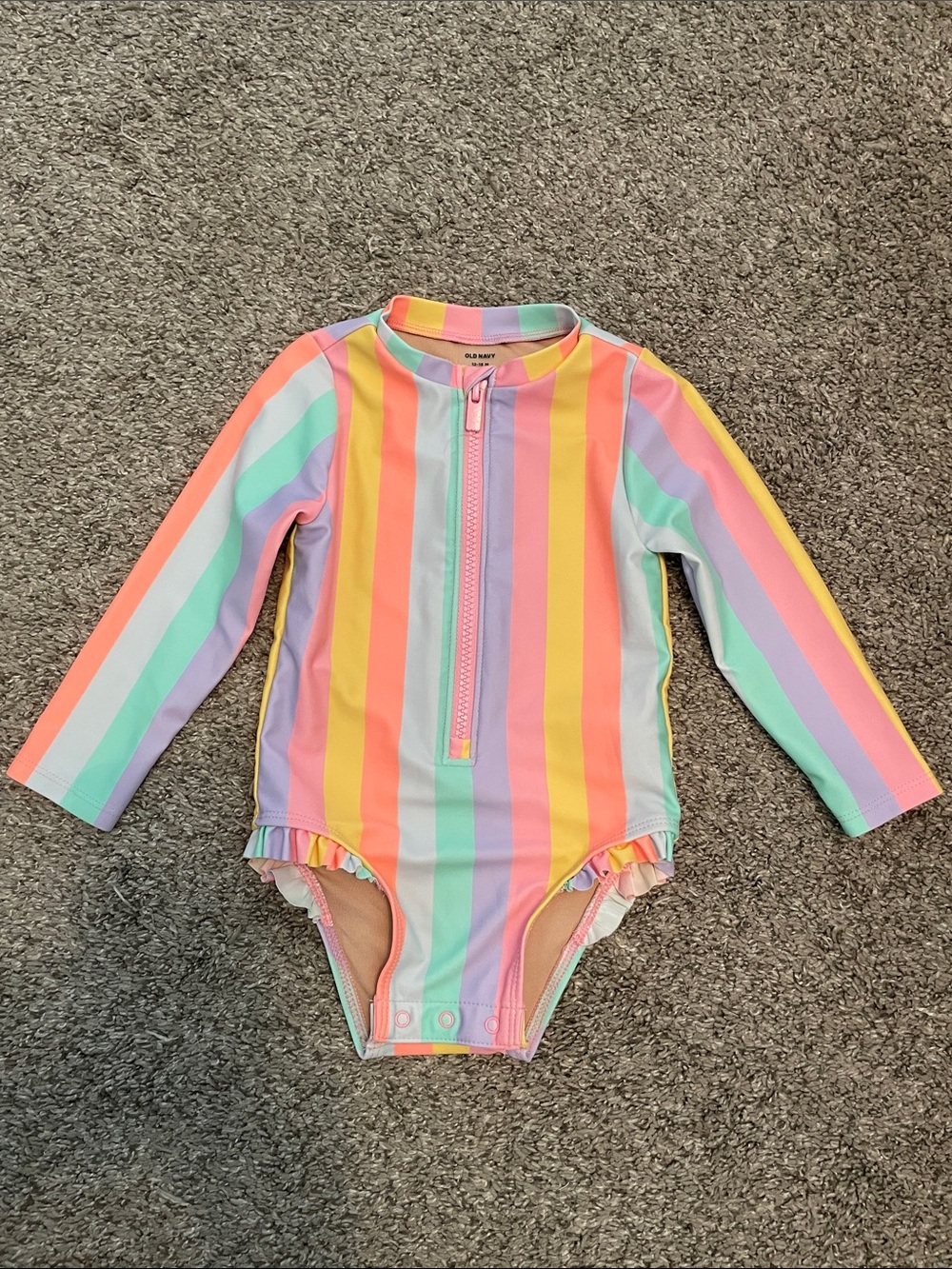 Old Navy Pastel Rainbow Stripe Long Sleeve One-Piece SWIMSUIT
